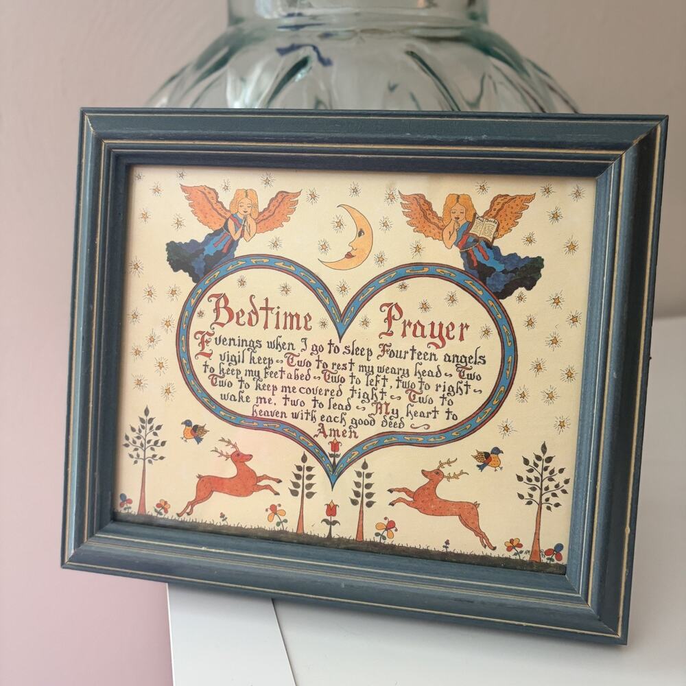 Vintage Bedtime Prayer Framed Folk Art Print Pennsylvania Dutch Angels Deer